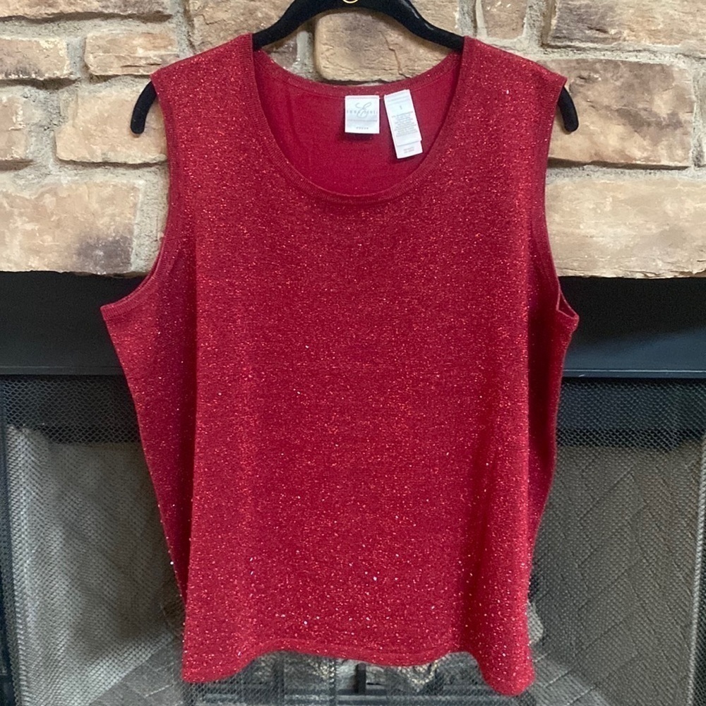 Emma James red metallic sleeveless top with embellishments. Size is 1W